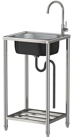 Edelstahl Waschbecken Ausgussbecken mit Ständer,Waschbecken Garten Mobiles Spültisch mit Hahnloch und Überlauf für Wäsche Hinterhof Garage Outdoor 42 * 37cm