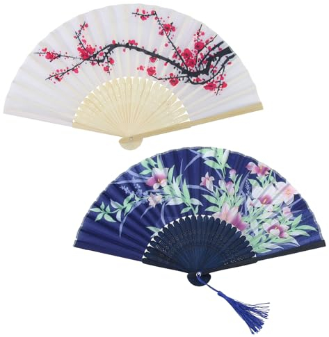 tinshow Set of 2 Handheld Silk Folding Fans, Foldable Chinese Japanese Vintage Bamboo Silk Fan Black and White Imitation Silk Fabric with Hollowed Plastic Handle Elegant Accessory and Home Decor