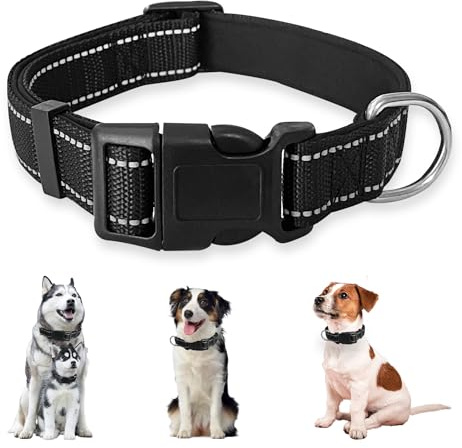 UBRAVE Hundehalsband,Verstellbare Und Reflektierende Halsband Hund,Weich Gepolstertes Neopren Nylon Hunde Halsband, Komfort,Mit Schnellverschluss, Für Für Mittlere Hunde, Schwarz M (1er Pack)