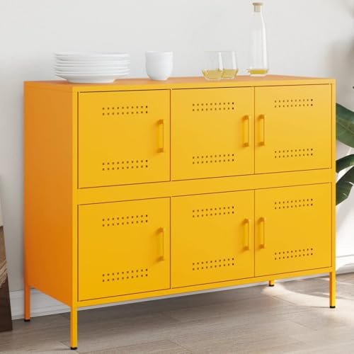 IKAYAA Metallschrank Senfgelb Wohnzimmerschrank 100,5 x 39 x 79 cm Sideboard aus Metall Beistellschrank Aktenschrank Werkstattschrank Metall Kommode für Wohnzimmer