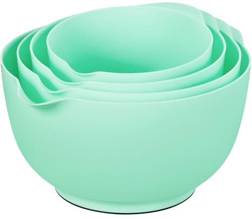 BoxedHome 4-teiliges Rührschüssel Set aus BPA-freiem Kunststoff, GanzGrün - mit Ausgießer, rutschfestem Boden und Griff, stapelbar, spülmaschinen- und mikrowellengeeignet, ideal für Backen und Kochen