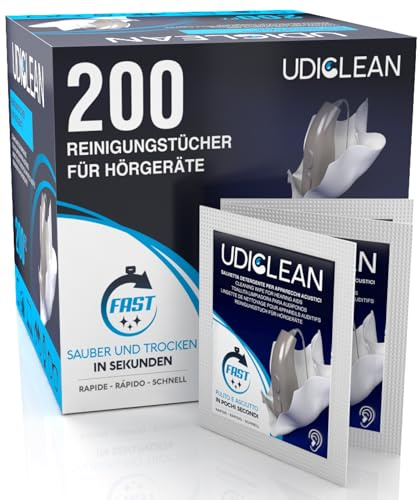 200 befeuchtete schnell trocknende Udiclean-Hörgeräte-Reinigungstücher zur Beseitigung von Fett Schweiß und Schmutz