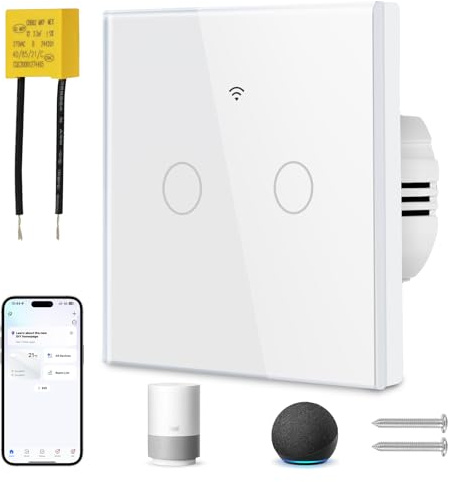Ainiv Smart WiFi Lichtschalter 2 Fach 2.4GHz | Kompatibel mit Alexa Google Home Unterstützung Tuya APP Sprachsteuerung Gehärtetem Glas Touch Rahmen WandSchalter Unterputz