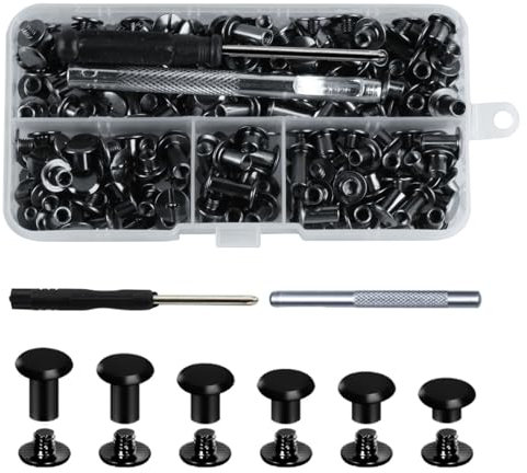 120 Pcs Rivets en Cuir, M5 Vis à Chicago, Rivet Cuir, Rivet à Visser, Rivets de Reliure de Chicago, Vis de Reliure à Tête Plat pour Sacs Scrapbooking Ceinture en Cuir, avec Trou Poinçon, Tournevis