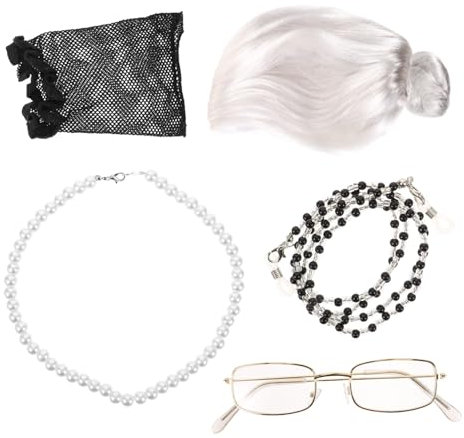 LIFKOME Old Lady Kostüm Set Mit Perücke Brille Perlenkette Und Ohrringen Für Halloween Und Graue - -frisur Verkleidung Für Cosplay-events
