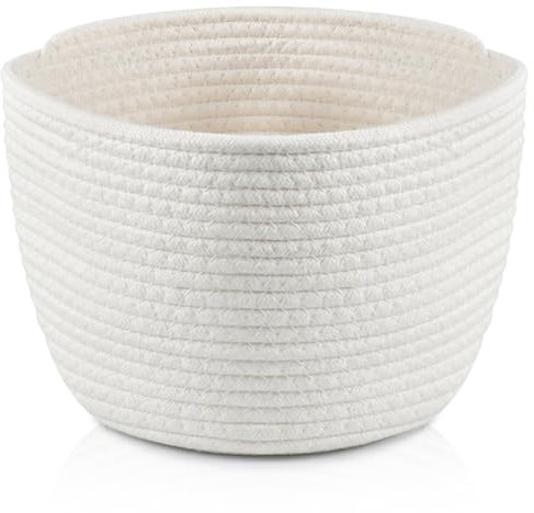 Wffeila Kleiner Aufbewahrungskorb, Baumwollseil Geflochten, Aufbewahrung für Regale und Schränke, Badezimmer Wickeltisch Zubehör Organizer Bad (25x18cm, Weiß)