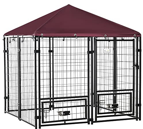 PawHut Outdoor Dog Kennel with Rotating Bowl Holders, Dog Run with Water and UV-Resistant Cover for Medium & Small Dogs, Red