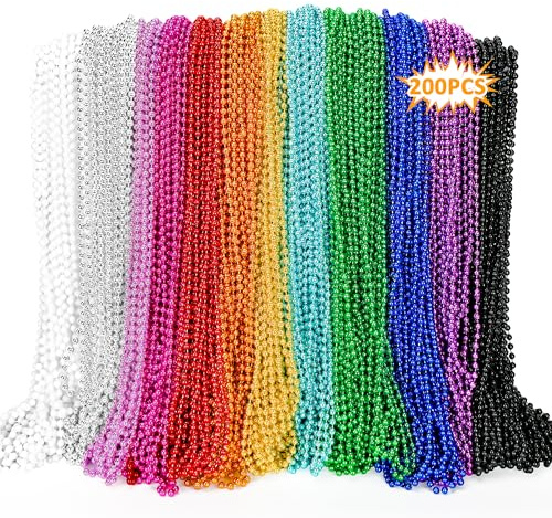 200PCS Mardi Gras Beads, Metallic 12 kinds Bead Necklace Party Favors, 33 Mardi Gras Necklace Bulk Accessories Stuff, Festival Parade Throw for Wedding Birthday Mardi Gras Celebrations Decorations