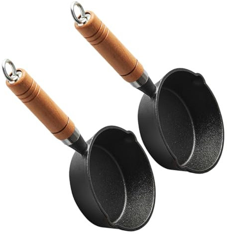 VERDANVERSE 2pcs Cast Iron Sauce Pot with Wood Handle, Small Butter Melting Pan for Heating Oil, Chocolate and Coffee, Home Baking