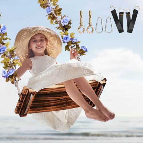 2026 Upgraded Wooden Swing Seat, 18x 8, Hanging Tree Swing for Adults & Kids, 440lbs Load, Adjustable Nylon Rope & Tree Straps, Indoor/Outdoor Swings with Purple Floral Garland