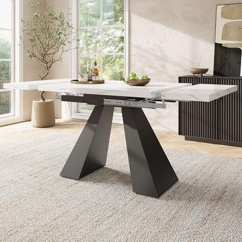 Lahoomu Esstisch Teleskoptisch(99-159×74cm), Ausziehbarer Esstisch, Platzsparender Küchentisch, Breite Arbeitsfläche, Home Office und Wohnzimmer, Weiß Tischplatte mit Säulenbeinen