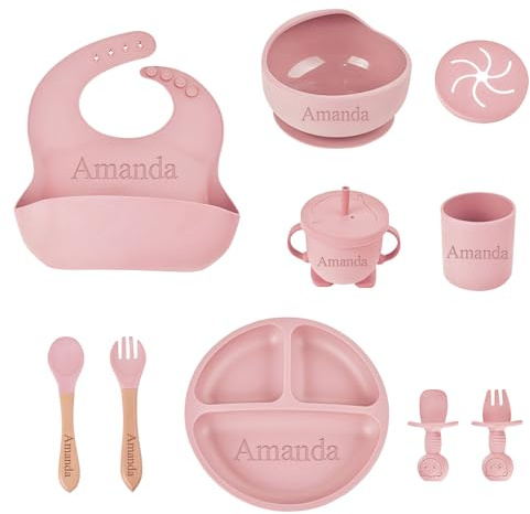 Set Alimentazione Bambino in Silicone Personalizzato con Nome Inciso Kit Svezzamento Autonomo (BLW) Bavaglino, Bicchiere, Piatto Divisorio, Ciotola, Cucchiaio, Forchetta | Stoviglie Neonati e Bambini