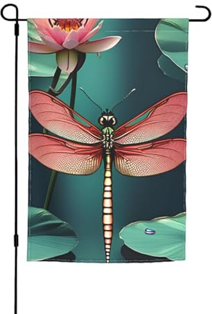 Bandera de jardín con estampado de libélula con lirio de agua, bandera de jardín al aire libre, decoración de patio, porche o césped