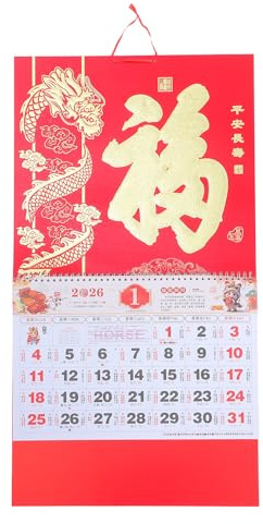 NUOBESTY Wandkalender 2026 zum Jahr Des Pferdes – Traditioneller Chinesischer Kalender zum Aufhängen mit Fu-zeichen, Dekoration für Zuhause Und Büro (frieden Und Langlebigkeit)