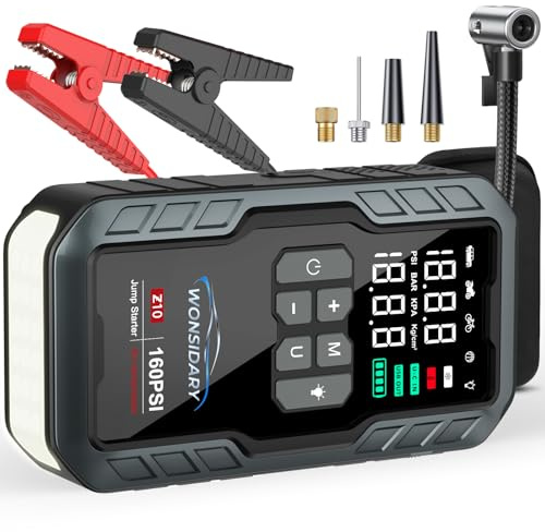 Booster Batterie Voiture 7000A avec 11,05 BAR/160 PSI Gonfleur de Pneus,27000 mAh Démarreur Batterie Voiture pour Tous Moteurs Essence/8.0L Diesel,4 Modes LED,Kit d’Urgence pour Hiver et Voyage