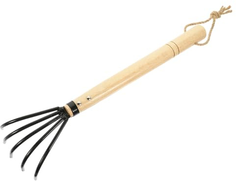MERRYHAPY Rastrello da Giardino Denti Manico in Legno Rastrello a Forma di per Scavo Veloce Strumento Resistente per Spiaggia e Orto per Rimuovere Erbacce e Cercare Gusci