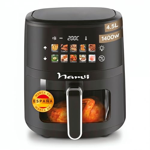 NARVI - Freidora de Aire 1400W con Bandeja de Cristal Visible – Air Fryer Cristal. Freidora Aire 4,5 Litros Hasta 200 °C, Cocción 360°, Panel Digital Táctil, Apta Lavavajillas, Bajo Consumo