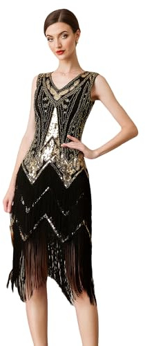 Ever-Pretty Robe Vintage Flapper 1920 Costume Gatsby pour Femme À Paillettes et Franges Robe pour Bal Cocktail Or Noir L
