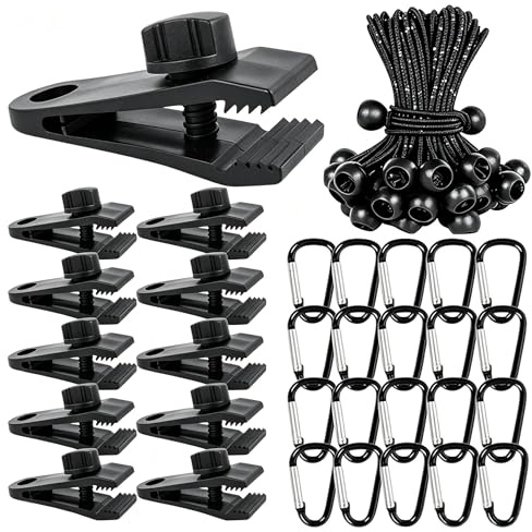 60 Attache Bache Set Polyvalentes Étanche en Clips de Fixation Sandow | Comprenant des Tendeur Bache Mousquetons Noirs Tendeur Elastique Adaptés aux Tentes de Camping Auvents Housses et à la Voyage