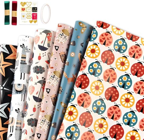 6 Stück Geschenkpapier Set, Aufbewahrung Geschenkpapier mit Cartoon-Mustern, Wiederverwendbare Wrapping Paper mit Kleber & Schleifen, Lustiges Geschenkpapierroller Set für Verpackung