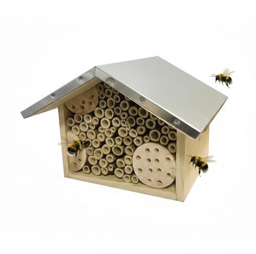 Relaxdays Bienenhotel, Holz, wetterfestes Metalldach, Natur/Silber | Bambusröhrchen, Garten, Insektenhotel zum Aufhängen