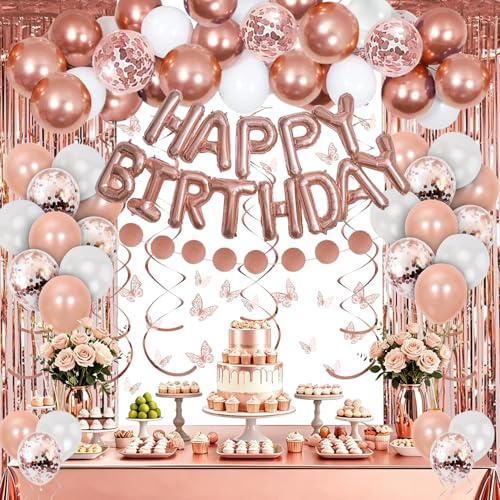 Ezydka Geburtstagsdeko Rosegold Set Geburtstag Deko mit Happy Birthday Girlande Lametta Vorhang Tischdecke Luftballons für Frauen Mädchen Geburtstags Party deko