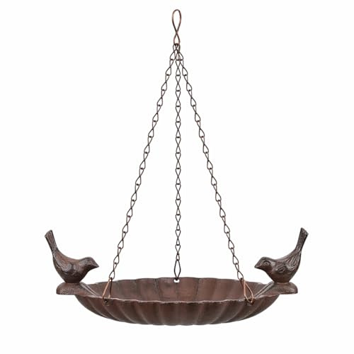 Hängende Vogeltränke aus Gusseisen und Eisen mit 2 Vögeln, dekoratives Vogelbad zum Aufhängen für Garten, Balkon und Terrasse, rustikale Gartendeko mit Kettenaufhängung, 20,3 cm