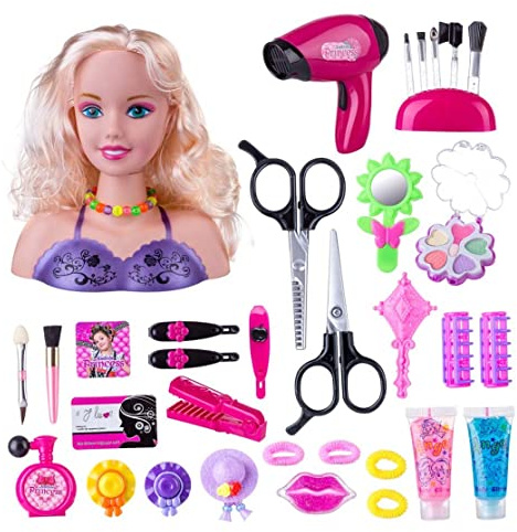 Tsawntd Bambole per Trucco per Parrucchieri per Bambini 35 Pezzi Bambole per Acconciature Accessori per Capelli Testa Set da Gioco per Ragazze Bambini Style1 Set per Parrucchieri per per Tru