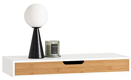 SoBuy Mensola a Parete con Cassetto - Mensola Galleggiante Moderna per Ingresso, Soggiorno & Camera - Bianco & Naturale 60x24x8cm FRG93-WN
