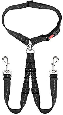 AUTOWT Double Dog Seat Belt, New Dual Pet Car Headrest Restraint Safety Seatbelt No Tangle Dog Leash Duty Adjust Elastic Bungee Puppy Lead Splitter Connect Harness in Vehicle Travel for 2 Dogs