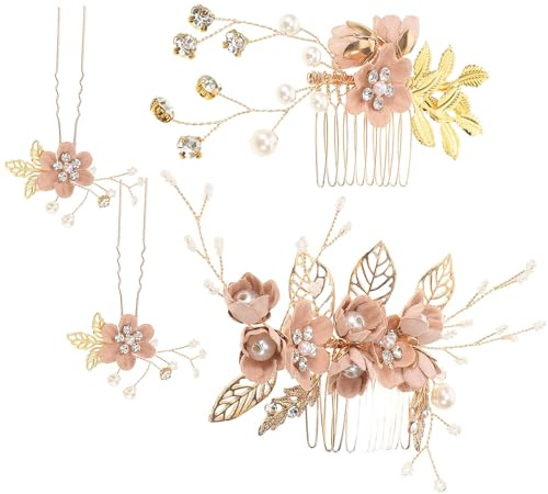 jojofuny 4 Stück Haarschmuck Hochzeit Haarschmuck Damen Rosegold Hochzeit Haarnadeln Strass Birne Haargabel Blumen Haarteil für Braut Party