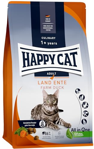 Happy Cat 70567 - Culinary Adult Land Ente - Katzen-Trockenfutter für ausgewachsene Katzen und Kater - 4 kg Inhalt | Getreidefreies Katzenfutter mit Land-Ente, ab 12 Monaten, 86 % tierisches Protein, Krokette M, auch für sensible Katzen