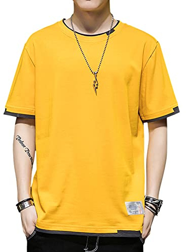 KENAIJING Men's T-Shirt Cotton Crewneck Patchwork Short Sleeve Sweatshirts | Summer Casual T-Shirts Harajuku Sportswear
