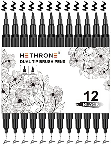 Hethrone Black Markers for Drawing - Brush Pens with Felt Tips for Artists - Calligraphy Pens, 12 Pack