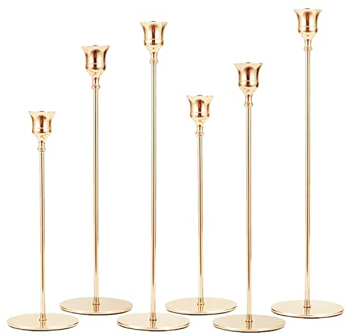 Set Portacandele in Metallo di 6, Portacandele da Tavolo, Porta Candele Natalizio Candelabri Moderni, Candeliere da Tavolo E Esterno per Matrimonio Halloween Festa Muro Casa Giardino Bar(oro)