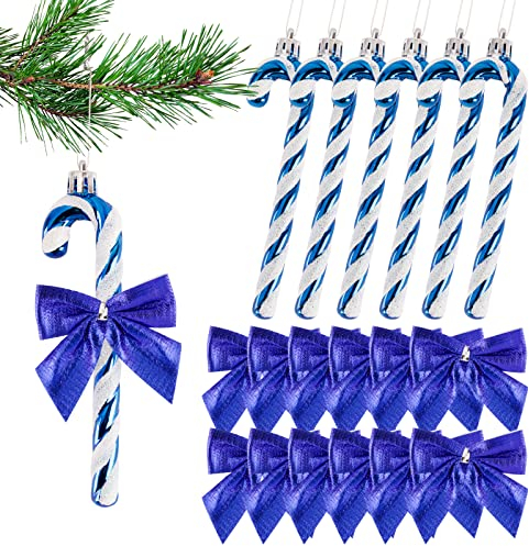 COLOFALLA 18 Stück Weihnachtsbaumschmuck Zuckerstangen Weihnachtsbaum Anhänger Schleifen Weihnachten Weihnachtsschleifen Weihnachtsdeko Christbaumschmuck Hängende Deko (Blau)