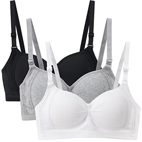 EDS Service Girls First Bra, Soft Cotton Teen Bras, 3 Pack Wire Free Padded Crop Top, Young Underwear with Adjustable Strap for Women Girl 12-18Years, White+ Black+ Grey, 36A (EDSUKCLKI0011-2 /2)
