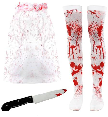 Calze macchiate di sangue con velo insanguinato e coltello insanguinato – perfette per accessori per costumi di Halloween