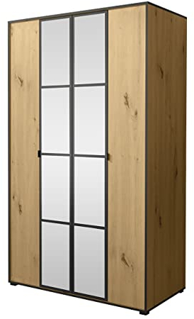 Drehtürenschrank Rolites I, Kleiderschrank mit Fächer, Kleiderstange und Frontspiegel, Elegantes Garderoben für Schlafzimmer (Eiche Artisan/Schwarz, Modell: 120)