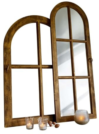 Loberon Spiegel und Deko-Fenster 2er Set Crowley, Zwei Größen, Aufgesetzte Sprossen, Nostalgischer Charme, Wohn-Accessoire, Tannenholz, Spiegelglas, braun/Gold
