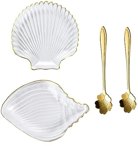 Soulnioi 2 Stück Glas-Kristall-Dip-Schalen, Jakobsmuschel-Soßenschalen, Schalen, Dessert-Schalen, Beilagenschalen, Gewürzschalen, Snackschalen mit Sakura-Kaffeelöffel für Soja, Snack, Dessert, Sushi,