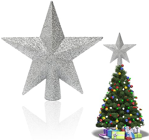Stjärna silver julgransspets glitter – 3D-julgransspets St-ERN SIL-ber (20 cm), okrossbar gran spets SIL-ber plast, lätt julgran topp St-ERN för konstgjorda träd