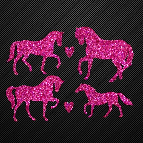 Glitzerdeals Bügelbilder Glitzer Pferde 4er Set mit Herzen pink Aufbügler für Textilien Karneval Kostüm Pferd Bügelflicken Fasching Patch zum Aufbügeln