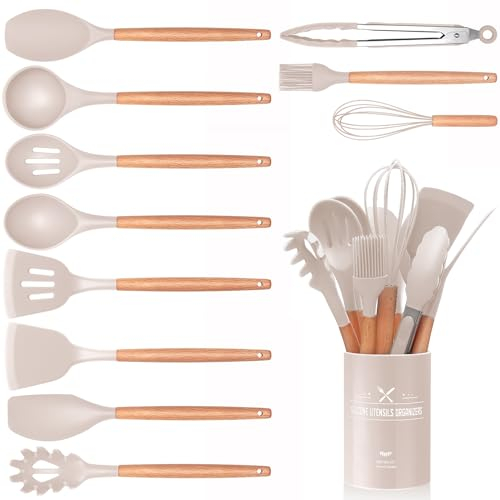 12 Stück Küchenhelfer Set, Silikon Küchenutensilien Set, Antihaft Hitzebeständiger Holzgriff Kochbesteck mit Utensilienhalter, Silikonspatel Kochgeschirr Set, Spülmaschinengeeignet (Khaki)