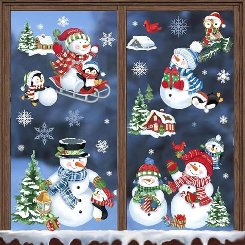 decalmile Fensterbilder Schneemann Weihnachten Fensteraufkleber Xmas Baum | Statische Anti-Kollision Fensterdeko, Beidseitiger Druck, auf Beiden Seiten klar Sichtbar, Wasserdicht, Abnehmbar