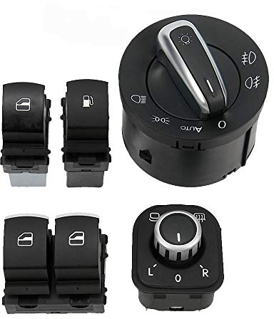 ZIxmix Car Headlight Switch 5 Stück Auto Chrom Kraftstoff Scheinwerfer Spiegel Fenster Schalter Set/Passend for VW EOS Golf R32 GTI MK 5 6 V VI 5ND959565A 5ND959855 5K3959857 Headlight Switch