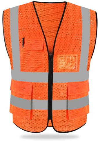 HYCOPROT Chaleco de Seguridad Reflectante Alta Visibilidad Ropa de Trabajo Gerente Ejecutivo Chaqueta de Chaleco Cremallera Brace Seguridad Teléfono Móvil Titular de Id de Bolsillo