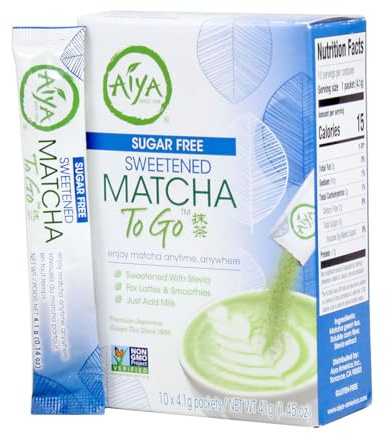 Aiya Sugar-Free Sweetened Matcha To Go Sticks - Stevia Sweetened Packets, Premium Japanese Matcha Powder, Gluten-Free - 10 Single-Serving Sticks