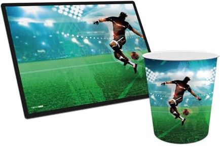 itenga Papierkorb mit Schreibunterlage mit Motiv im Set - Papierkorb für Kinder mit Motiv - rund ca. 11 Liter und passende Schreibtischunterlage (Motiv Fussball)