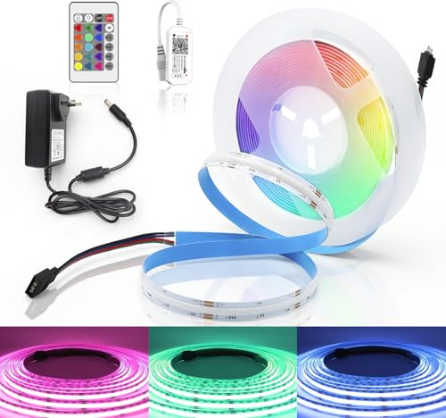 2M WIFI Striscia LED RGB COB, 12V Striscia LED COB RGB dimmerabile con telecomando e alimentatore, striscia luminosa LED ad alta densità 576LEDs/M, controllo app, compatibile con Alexa, Google home